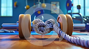 As the fitness challenge continues a cartoon scene of a dumbbell tied in knots after attempting to lift a weight with photo