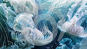 As if dancing to an underwater symphony the jellyfish glide and swirl in a hypnotic display of undulation. Their