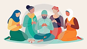 As they knit the group shares their own prayer requests coming together in both craft and prayer.. Vector illustration. photo