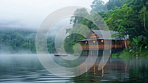 As the mist begins to dissipate the serene lodge and its surroundings emerge showcasing their natural beauty. 2d flat photo