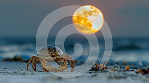 As the moon rises higher in the sky the sandy beach comes alive with movement. A scavenging crustacean stles along the