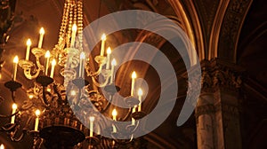 As the night falls the cathedral is illuminated by a single chandelier casting a warm golden glow over the congregation.