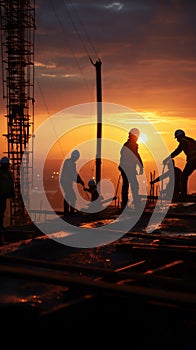 As night falls, the construction site silhouette reveals crane and laborers