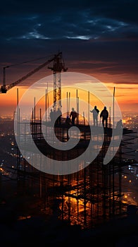 As night falls, the construction site silhouette reveals crane and laborers