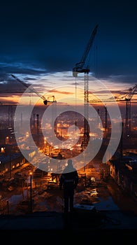 As night falls, the construction site silhouette reveals crane and laborers