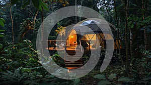 As night falls the geodesic dome glows softly enveloped by lush greenery and the soothing sounds of the forest creating