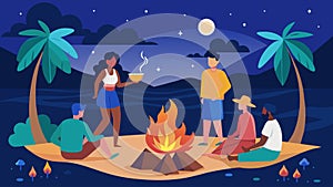 As the night goes on the group bonds over their shared love of smores and the beauty of the beach.. Vector illustration.