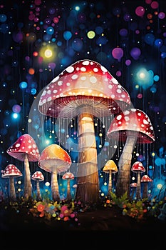 Enchanting Mushroom Kingdom: A Whimsical Wonderland of Lights, D photo