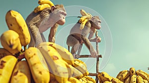 As one monkey stands on the others shoulders they attempt to balance a ladder awkwardly against the banana pile just out