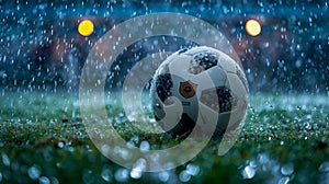As the rain cascades down onto the emerald-green pitch, the football lies at the center, AI generated