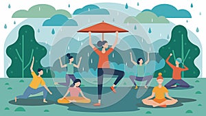 As rain sprinkles down a group of dedicated yogis continue their practice under a covered area in the park maintaining photo