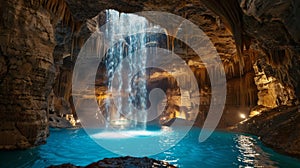As they reach the heart of the cave the group is met with a breathtaking sight. A massive underground waterfall cascades