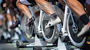 As the referee blows the starting whistle a group of cyclists pedal furiously on their stationary bikes set up near the