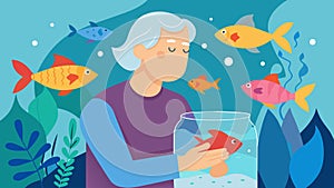 As a senior with dementia begins to feel agitated a therapy fish tank filled with colorful fish and soothing sounds