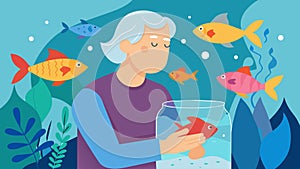 As a senior with dementia begins to feel agitated a therapy fish tank filled with colorful fish and soothing sounds photo