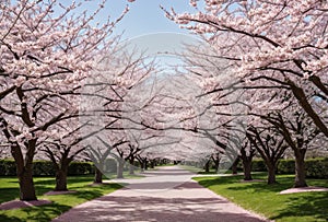 As spring dawns, delicate cherry blossoms burst forth in a profusion of pink and white, their delicate fragrance photo