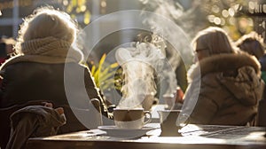 As the steam rises from cups of tea a group of people with backs turned away engage in a reflective conversation. The .