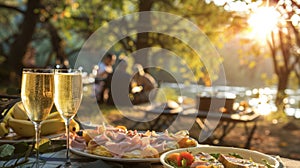 As the sun continues to rise the picnicgoers sip on mimosas and indulge in fluffy omelets filled with savory ham and