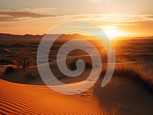 A sunset over a desert landscape with sand dunes created with Generative AI