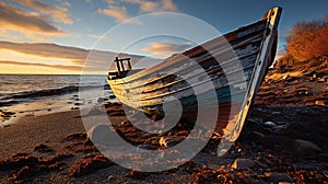 As the Sun Dips Below The Horizon Casting A Warm Glow Across The Beach An Abandoned Boat Sits Marooned On The Sand Background