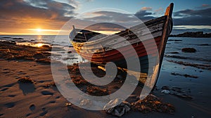 As the Sun Dips Below The Horizon Casting A Warm Glow Across The Beach An Abandoned Boat Sits Marooned On The Sand Background