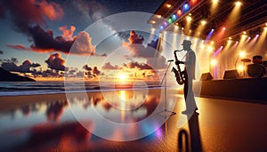 Dusk Serenade: A Saxophonist\'s Sunset Concert by the Sea-Generative AI photo