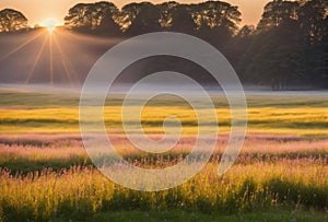 As the sun rises, golden light bathes a misty meadow in its warmth, casting a tranquil glow over the landscape and