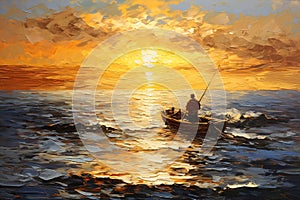 Golden Hour on the Ocean: A Majestic Painting of Bass Fishing at