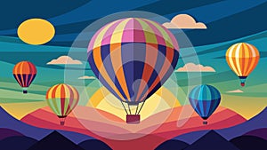 As the sun rose over the horizon the hot air balloon race began with vibrant balloons dotting the deep blue sky.. Vector