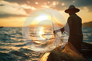 Golden Hour Fishing.A Fisherman Retrieves His Net at Dusk on a Serene Lake