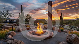 As the sun sets the fire pit becomes the center of attention casting a vibrant light on the modern sculptures that