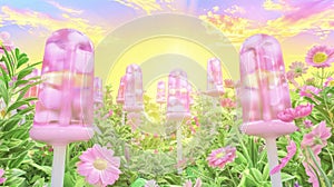 As the sun sets, glowing pink popsicles tower among pink and purple flowers, basking the scene in a magical, golden