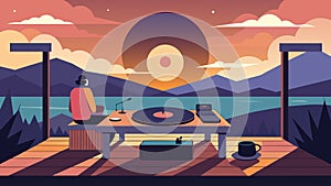 As the sun sets on the outdoor party the DJ creates a calming and dreamy mix using vinyl records to create a serene and
