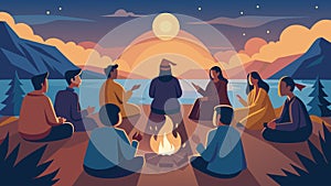 As the sun sets over the horizon a group of missionaries sit around a campfire discussing different strategies for photo