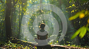 As sunlight filters through the foliage above a person sits on a fallen log back hunched as they contemplate the secrets