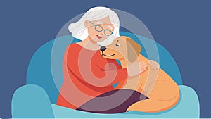 As a therapy dog snuggles in her lap a senior woman closes her eyes in relaxation the soft weight and warmth of the dog photo