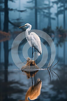 Majestic Griffin: A Solitary White Bird in a Mysterious Foggy Fo photo