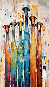 As totem shape. Abstract painting, family of meerkats. Beautiful illustration picture. Generative AI