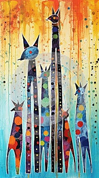 As totem shape. Abstract painting, family of meerkats. Beautiful illustration picture. Generative AI