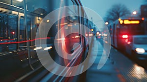 As the train speeds forward defocused streetlights and passing cars blur into a dreamy backdrop echoing the transitory photo