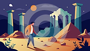 As he walks he encounters ancient ruins a reminder of the impermanence of all things.. Vector illustration. photo