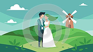 As the wind whips around them a newlywed pair hold each other tight atop a picturesque windmill surrounded by rolling photo