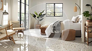 As you enter the bedroom you are greeted by the luxurious feel of a traditional terrazzo floor blended with the clean