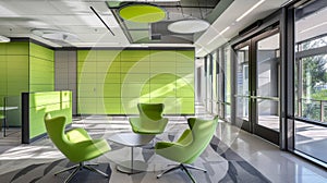 As you enter the employee lounge of this modern office you are greeted with a pop of color from the vibrant green fiber