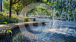 As you enter the public park you are greeted by the serene sound of water flowing through a network of fountains and