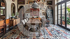 As you step into the dining room your eyes are immediately drawn to the intricately patterned tiles that cover the
