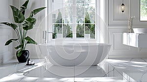 As you step into the large sunken bathtub the smooth and shiny surface of the polished ceramic tiles underfoot feel cool