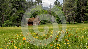 As you step out of your cabin you are greeted by a sprawling green meadow dotted with vibrant wildflowers. The cool dewy