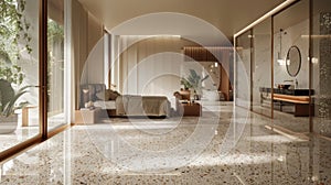 As you walk into the bedroom of Luxury Rewritten your eyes are immediately drawn to the grandiose Terrazzo flooring. The