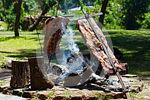 Asado, traditional barbecue dish in Argentina, roasted meat cooked on a crossed vertical grills photo